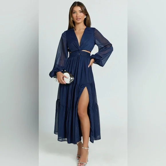 Navy Blue Midi Wedding Guest Dress - Picture 1 of 8